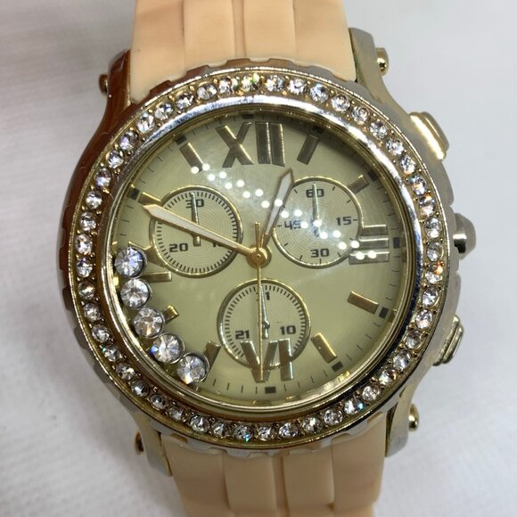 Women quartz watch floating crystals dial 40mm round analog silicone running - Picture 2 of 6